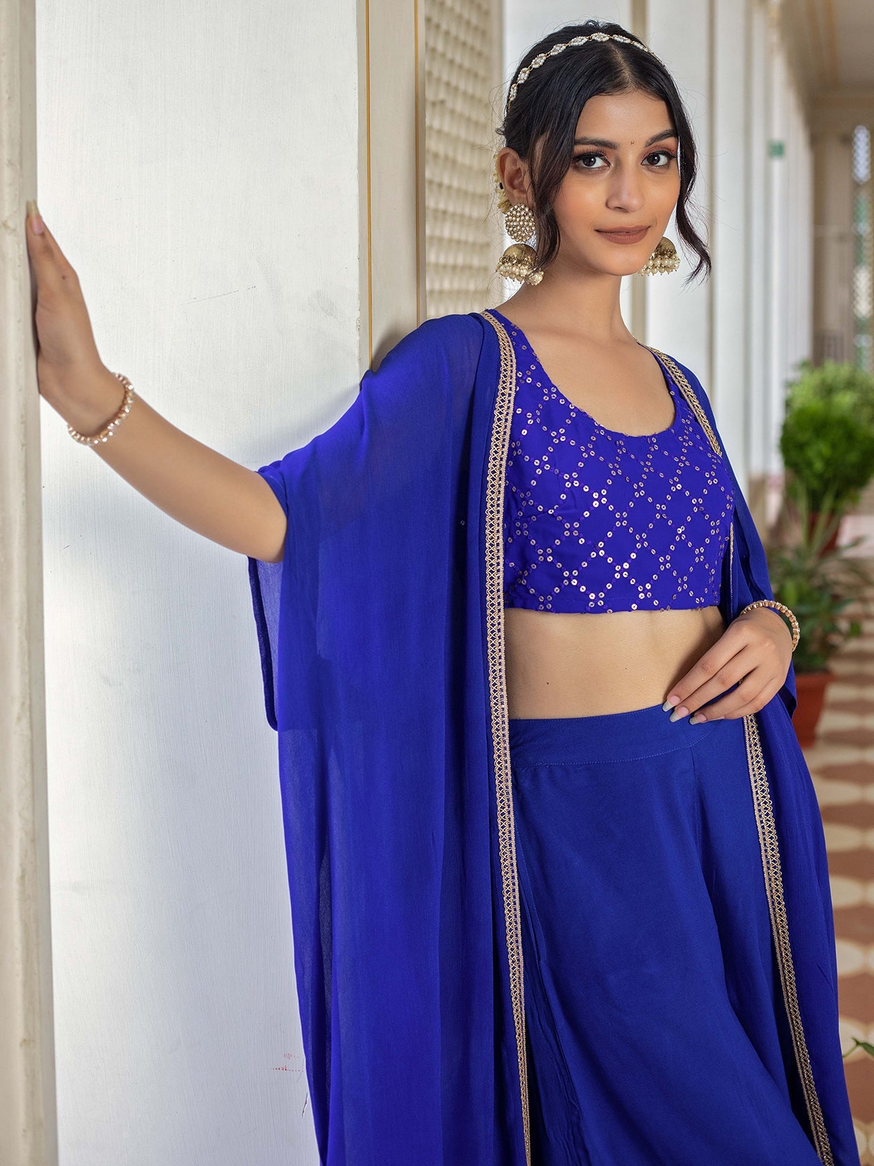 Blue CO-ORD SET WITH EMBROIDERED JAAL ON CROP TOP